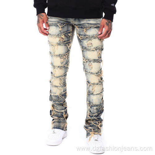 Custom Mens Stacked Slim Fit Distressed Denim Pants